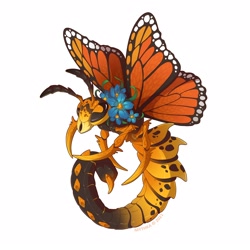 Size: 1600x1600 | Tagged: safe, artist:mythka, oc, oc only, dragon, fictional species, feral, butterfly wings, digital art, flower, plant