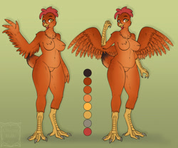 Size: 1800x1500 | Tagged: suggestive, artist:cheezayballz, oc, oc only, bird, chicken, galliform, anthro, digitigrade anthro, 2021, beak, belly button, breasts, digital art, eyelashes, feathered wings, feathers, featureless crotch, female, fluff, fur, looking at you, neck fluff, nipple fluff, nudity, reference sheet, solo, solo female, spread wings, tail, thighs, wide hips, winged arms, wings