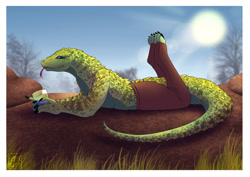 Size: 1280x905 | Tagged: safe, artist:mirri, reptile, snake, anthro, forked tongue, glass, green scales, legs in air, looking at you, lying down, male, partial nudity, prone, purple eyes, scales, solo, solo male, sunbathing, tail, tongue, tongue out, topless