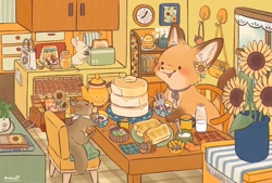 Size: 3496x2362 | Tagged: safe, artist:penpen_disney, canine, fox, mammal, mouse, red fox, rodent, squirrel, semi-anthro, 2022, 2d, bottle, breakfast, cereal, chair, container, cute, food, fork, group, kitchen, milk, pancakes, trio