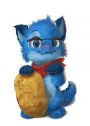 Size: 499x700 | Tagged: safe, artist:silverfox5213, oc, oc only, oc:monmonrawraw, dragon, fictional species, furred dragon, semi-anthro, 2022, bandanna, blue body, blue eyes, blue fur, chibi, clothes, cute, digital art, digital painting, fur, glasses, looking at you, male, paws, simple background, solo, solo male, white background