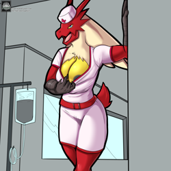 Size: 1720x1720 | Tagged: suggestive, artist:fourssss, blaziken, fictional species, anthro, nintendo, pokémon, 2022, areola, areola slip, bedroom eyes, breasts, clothes, detailed background, digital art, door, ears, eyelashes, female, flashing, fluff, fur, hair, hat, headwear, hospital, looking at you, neck fluff, nurse, nurse hat, nurse outfit, open mouth, solo, solo female, starter pokémon, tail, thighs, tongue, wide hips