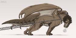Size: 1280x643 | Tagged: safe, artist:jenery, dragon, fictional species, reptile, western dragon, feral, 2022, big tail, breath, chains, claws, curled horns, horns, male, pulling, reptile feet, scales, side view, solo, solo male, straining, tail, tan body, webbed wings, wings