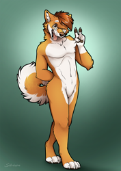 Size: 905x1280 | Tagged: safe, artist:silvixen, oc, oc:shiranai, canine, dog, mammal, anthro, digitigrade anthro, 2022, brown hair, chest fluff, claws, complete nudity, curled tail, featureless crotch, fluff, front view, gesture, glasses, hair, looking at you, male, nudity, one eye closed, paws, solo, solo male, standing, tail, v sign, winking