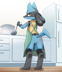 Size: 1664x1924 | Tagged: safe, artist:sum, fictional species, lucario, mammal, anthro, digitigrade anthro, nintendo, pokémon, 2022, apron, butt, clothes, cooking, detailed background, digital art, ears, fur, hair, kitchen, looking at you, looking back, looking back at you, male, rear view, refrigerator, solo, solo male, tail