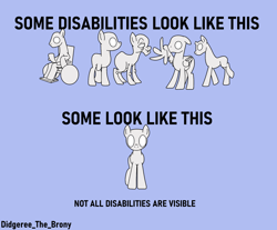 Size: 1482x1229 | Tagged: safe, artist:didgereethebrony, feral, hasbro, my little pony, ambiguous gender, amputee, autism, autism spectrum disorder, broken horn, broken wing, disability, disabled, elderly, group, horn, mental diability, mental health, wheelchair, wing