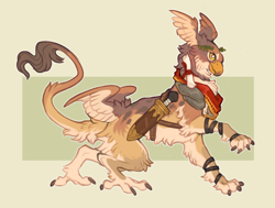 Size: 1090x825 | Tagged: safe, artist:hoot, bird, feline, fictional species, gryphon, mammal, feral, 2022, ambiguous gender, armor, beak, butt wings, feathered wings, feathers, head wings, scabbard, side view, solo, solo ambiguous, sword, tail, weapon, wings