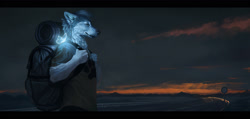 Size: 1650x786 | Tagged: safe, artist:ilya royz, arthropod, butterfly, canine, insect, mammal, wolf, anthro, 2022, backpack, cheek fluff, clothes, digital art, digital painting, fluff, glowing, looking at you, male, neck fluff, outdoors, road, scenery, scenery porn, shirt, side view, sign, solo, solo male, standing, topwear