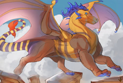 Size: 1280x865 | Tagged: safe, artist:art of the beast, dragon, fictional species, reptile, western dragon, feral, 2022, blue eyes, dancing, horns, male, paw pads, paws, ringtail, solo, solo male, spread wings, striped body, tail, webbed wings, wings
