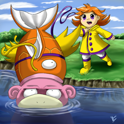 Size: 936x936 | Tagged: safe, artist:seyumei, fictional species, fish, human, magikarp, mammal, slowpoke, nintendo, pokémon, 2011, ambiguous gender, annoyed, barbell, blue sky, boots, bush, clothes, cloud, concerned, digital art, female, fins, flesh whiskers, grass, hair, leash, open mouth, orange body, orange hair, outdoors, partially submerged, pink body, purple eyes, shoes, signature, sky, tan body, teeth, tongue, water, yellow boots, yellow clothing, yellow fins