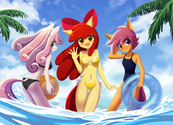 Size: 1392x1000 | Tagged: safe, artist:howxu, apple bloom (mlp), scootaloo (mlp), sweetie belle (mlp), earth pony, equine, fictional species, mammal, pegasus, pony, unicorn, anthro, friendship is magic, hasbro, my little pony, ball, beach, beach ball, belly button, bikini, breasts, butt, clothes, cutie mark crusaders (mlp), female, females only, flat chest, group, inner tube, looking at you, looking back, looking back at you, looking over shoulder, mare, misleading thumbnail, older, one-piece swimsuit, open mouth, open smile, palm tree, plant, reasonably sized breasts, small breasts, smiling, smiling at you, swimsuit, tree, trio, trio female, water, waving