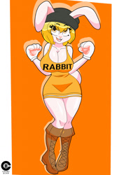 Size: 853x1280 | Tagged: safe, artist:darktemplar2, carrot (one piece), fictional species, lagomorph, mammal, mink tribe, rabbit, anthro, one piece, 2022, big breasts, boots, breasts, clothes, digital art, dress, ears, eyelashes, female, fur, hair, hat, headwear, looking at you, open mouth, pink nose, pose, shoes, simple background, solo, solo female, tail, thighs, tongue, wide hips