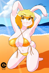 Size: 853x1280 | Tagged: suggestive, artist:darktemplar2, carrot (one piece), fictional species, lagomorph, mammal, mink tribe, rabbit, anthro, one piece, 2022, beach, big breasts, bikini, breasts, clothes, cloud, detailed background, digital art, ears, eyelashes, female, fur, hair, kneeling, looking at you, nipple outline, ocean, orange bikini, orange swimsuit, pink nose, pose, sand, sky, solo, solo female, swimsuit, tail, thighs, water, wide hips