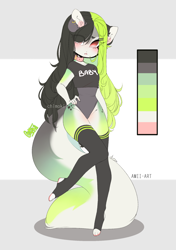 Size: 1440x2048 | Tagged: safe, artist:amii-art, artist:chikomokii, oc, oc only, big tail, bipedal, black hair, blue tail, clothes, color palette, female, full body, fur, gray background, green body, green fur, green hair, hair, multicolored hair, reference sheet, shirt, simple background, solo, solo female, standing, tail, text, text on clothing, text on shirt, topwear, two toned hair