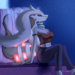 Size: 1200x1200 | Tagged: safe, artist:paradoxing5, fictional species, legendary pokémon, reshiram, anthro, nintendo, pokémon, 2022, anthrofied, bedroom eyes, belly button, blue sclera, bottomwear, breasts, cleavage, clothes, colored sclera, crop top, detailed background, digital art, ears, eyelashes, female, fur, hair, midriff, pants, pose, shirt, signature, sitting, solo, solo female, tail, thighs, topwear, white body, white fur, wide hips