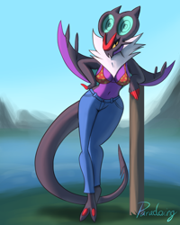 Size: 960x1200 | Tagged: safe, artist:paradoxing5, fictional species, noivern, anthro, digitigrade anthro, nintendo, pokémon, 2022, absolute cleavage, anthrofied, bedroom eyes, belly button, bikini, bikini top, bottomwear, breasts, cleavage, clothes, detailed background, digital art, ears, eyelashes, female, fluff, neck fluff, pants, pose, scales, signature, solo, solo female, swimsuit, tail, thighs, wide hips, winged arms