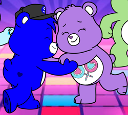 Size: 1861x1674 | Tagged: safe, artist:mrstheartist, edit, share bear (care bears), oc, oc:creative bear, oc:didgeree, bear, fictional species, mammal, semi-anthro, care bears, care bears: unlock the magic, adorable face, awww, belly badge, black outline, bright colors, cap, care bear, couple, cropped, cute, dance floor, dancing, duo focus, eyes closed, female, hat, headwear, heart nose, male