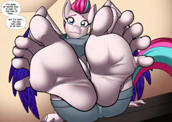 Size: 1280x905 | Tagged: suggestive, artist:cyborg-steve, zipp storm (mlp), equine, fictional species, mammal, pegasus, pony, anthro, plantigrade anthro, hasbro, my little pony, my little pony g5, spoiler:my little pony g5, barefoot, blushing, clothes, commission, dialogue, feet, female, fetish, foot fetish, foot focus, looking at you, nail polish, soles, solo, solo female, speech bubble, talking, text, toenail polish, toes, wings, ych result