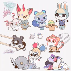 Size: 700x700 | Tagged: safe, artist:mikripkm, cephalobot (animal crossing), gulliver (animal crossing), ione (animal crossing), marlo (animal crossing), petri (animal crossing), quinn (animal crossing), sasha (animal crossing), shino (animal crossing), tiansheng (animal crossing), bird, bird of prey, cervid, deer, eagle, fictional species, gyroid, hamster, hisuian zorua, lagomorph, mammal, monkey, mouse, primate, rabbit, rodent, seagull, squirrel, zorua, anthro, feral, animal crossing, animal crossing: new horizons, nintendo, pokémon, 2022, ambiguous gender, beak, bedroom eyes, black nose, chopsticks, dancing, digital art, doe, ears, eyelashes, eyes closed, female, fluff, fur, glasses, horns, kimono (clothing), lab coat, looking at each other, male, mochi, neck fluff, on model, paws, pink nose, poking, sparkly eyes, tail, wingding eyes