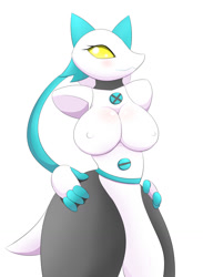 Size: 938x1280 | Tagged: suggestive, artist:pilu21, tasque manager (deltarune), android, cat, feline, fictional species, mammal, robot, anthro, deltarune, spoiler:deltarune chapter 2, 2021, breasts, clothes, digital art, dress, ears, eyelashes, female, fur, hand on hip, looking at you, nipple outline, simple background, solo, solo female, tail, thighs, white background, wide hips