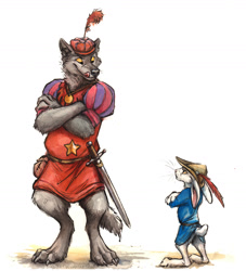 Size: 1377x1515 | Tagged: safe, artist:kenket, sheriff of nottingham (robin hood), skippy (robin hood), canine, lagomorph, mammal, rabbit, wolf, anthro, disney, robin hood (disney), duo, duo male, looking at each other, male, males only, simple background, sword, weapon, white background, young