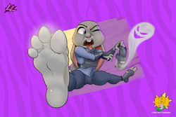 Size: 1024x683 | Tagged: suggestive, artist:lazzylad, judy hopps (zootopia), lagomorph, mammal, rabbit, disney, zootopia, disgusted, feet, female, fetish, foot fetish, smelly, solo, solo female, sweaty feet, tongue, tongue out