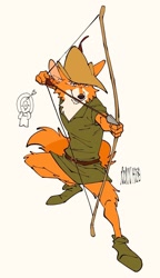 Size: 758x1314 | Tagged: safe, artist:uochandayo, robin hood (robin hood), canine, fox, mammal, red fox, anthro, disney, robin hood (disney), arrow, male, simple background, solo, solo male, white background