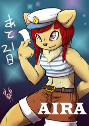 Size: 424x600 | Tagged: safe, artist:geppei5959, oc, oc only, mammal, anthro, 2012, belly button, belt, bottomwear, brown eyes, brown shorts, clothes, fluff, fur, grey nose, hair, hand behind back, hat, headwear, japanese text, male, neck fluff, paper, red hair, sailor hat, shorts, signature, solo, solo male, tan body, tan fur, translation request