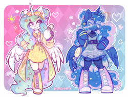 Size: 3336x2534 | Tagged: safe, artist:oofycolorful, part of a set, princess celestia (mlp), princess luna (mlp), alicorn, equine, fictional species, mammal, pony, semi-anthro, friendship is magic, hasbro, my little pony, 2022, 2d, anthrofied, bag, cell phone, clothes, commission, container, converse, dress, duffle bag, duo, duo female, fashion, feathered wings, feathers, female, females only, flip phone, glasses, high res, hoof shoes, horn, phone, round glasses, shoes, siblings, sister, sisters, starry eyes, ungulate, wingding eyes, wings