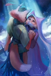 Size: 1300x1950 | Tagged: safe, artist:julia_tdc, maid marian (robin hood), robin hood (robin hood), canine, fox, mammal, red fox, anthro, disney, robin hood (disney), canon ship, couple, female, holding, holding hands, looking at each other, male, male/female, shipping, vixen