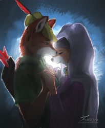 Size: 2213x2698 | Tagged: safe, artist:foxixusart, maid marian (robin hood), robin hood (robin hood), canine, fox, mammal, red fox, anthro, disney, robin hood (disney), female, holding, holding hands, male, male/female, vixen