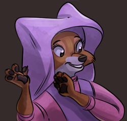 Size: 550x525 | Tagged: safe, artist:charmsey, maid marian (robin hood), canine, fox, mammal, red fox, anthro, disney, robin hood (disney), 2d, brown background, bust, female, paw pads, paws, simple background, solo, solo female, vixen