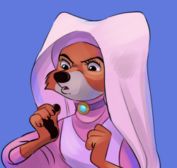 Size: 550x524 | Tagged: safe, artist:charmsey, maid marian (robin hood), canine, fox, mammal, red fox, anthro, disney, robin hood (disney), 2015, 2d, angry, blue background, bust, female, paw pads, paws, simple background, solo, solo female, vixen