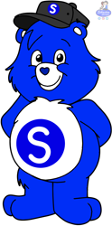 Size: 538x1081 | Tagged: safe, artist:mrstheartist, edit, edited screencap, screencap, oc, oc only, oc:creative bear, bear, fictional species, mammal, semi-anthro, care bears, arms behind back, black outline, blue body, blue fur, bright colors, cap, care bear, fur, hat, headwear, heart nose, looking at you, male, smiling, smiling at you, solo, solo male