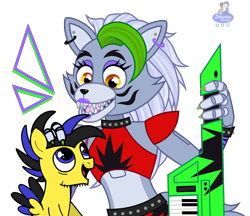 Size: 2300x1987 | Tagged: safe, artist:cherry tree, artist:mrstheartist, roxanne wolf (fnaf), oc, oc:ponyseb 2.0, canine, equine, fictional species, mammal, pegasus, pony, wolf, anthro, feral, five nights at freddy's, five nights at freddy's: security breach, friendship is magic, hasbro, my little pony, base used, crossover, duo, happy, keytar, male, musical instrument, open mouth, petting, punk, simple background, stallion, synthesizer, transparent background