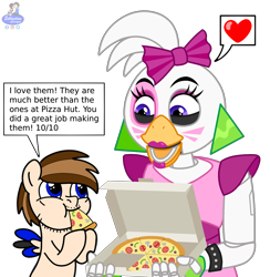 Size: 2000x2050 | Tagged: safe, artist:cherry tree, artist:mrstheartist, glamrock chica (fnaf), oc, oc:seb the pony, animatronic, bird, chicken, equine, fictional species, galliform, mammal, pegasus, pony, robot, anthro, feral, five nights at freddy's, five nights at freddy's: security breach, friendship is magic, hasbro, my little pony, base used, bow, colt, duo, duo male and female, ear piercing, earring, eating, female, foal, food, happy, heart, holding, male, mouth hold, open mouth, pepperoni pizza, piercing, pizza, simple background, speech bubble, transparent background, young