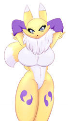 Size: 724x1280 | Tagged: safe, artist:pilu21, fictional species, renamon, anthro, digimon, 2021, armpits, arms behind head, belly button, black nose, black sclera, breasts, clothes, colored sclera, digital art, ears, evening gloves, eyelashes, featureless breasts, featureless crotch, female, fluff, fur, gloves, huge breasts, long gloves, looking at you, neck fluff, pose, simple background, solo, solo female, tail, thighs, white background, wide hips