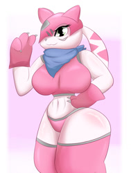 Size: 967x1280 | Tagged: safe, artist:pilu21, bitmon, fictional species, anthro, digimon, 2021, belly button, black nose, bottomwear, breasts, clothes, digital art, ears, eyelashes, female, fur, gloves, heart, huge breasts, legwear, looking at you, one eye closed, pose, sharp teeth, shirt, shorts, simple background, solo, solo female, stockings, tail, teeth, thighs, topwear, white background, wide hips