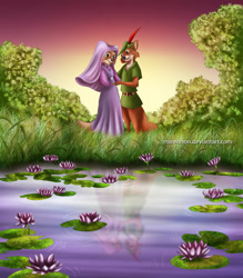 Size: 900x1028 | Tagged: safe, artist:mareishon, maid marian (robin hood), robin hood (robin hood), canine, fox, mammal, red fox, anthro, disney, robin hood (disney), 2010, 2d, canon ship, couple, duo, female, holding, holding hands, lilypad, looking at each other, male, male/female, reflection, shipping, vixen, water