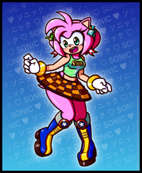 Size: 1200x1459 | Tagged: safe, artist:jezmm, amy rose (sonic), hedgehog, mammal, anthro, sega, sonic the hedgehog (series), 2022, 5 fingers, abstract background, boots, bottomwear, clothes, english text, eyelashes, female, gloves, green eyes, hair accessory, heart, japanese text, midriff, open mouth, pink body, shirt, shoes, skirt, sleeveless, solo, solo female, text, text on clothing, text on shirt, topwear, white gloves