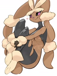 Size: 1304x1739 | Tagged: safe, artist:kame, fictional species, lopunny, mammal, mega lopunny, mega pokémon, anthro, digitigrade anthro, nintendo, pokémon, 2022, bedroom eyes, black sclera, breasts, clothes, colored sclera, digital art, ears, eyelashes, female, fur, legwear, looking at you, pink nose, sitting, solo, solo female, stockings, tail, tank top, thighs, topwear, wide hips