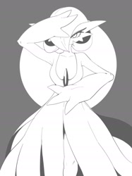 Size: 1304x1739 | Tagged: safe, artist:kame, fictional species, gardevoir, anthro, nintendo, pokémon, 2022, bedroom eyes, breasts, clothes, digital art, dress, ears, eyelashes, female, hair, looking at you, monochrome, one eye closed, solo, solo female, tail, thighs, wide hips