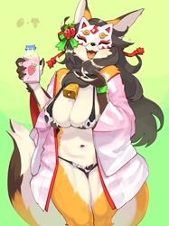 Size: 2048x2732 | Tagged: safe, artist:kame, oc, oc only, canine, fictional species, fox, kitsune, mammal, anthro, 2022, absolute cleavage, belly button, bikini, black nose, breasts, cleavage, clothes, cow print, digital art, ears, eyelashes, female, fur, hair, high res, kimono (clothing), mask, midriff, milk, solo, solo female, swimsuit, tail, thighs, vixen, wide hips