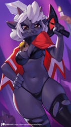 Size: 844x1500 | Tagged: safe, artist:alanscampos, lamb (cult of the lamb), bovid, caprine, lamb, mammal, sheep, anthro, cult of the lamb, 2022, bell collar, belly button, bikini, breasts, candle, cape, cleavage, clothes, collar, eyelashes, female, hand on hip, horns, legwear, looking at you, midriff, nudity, partial nudity, solo, solo female, swimsuit, sword, torn clothes, weapon