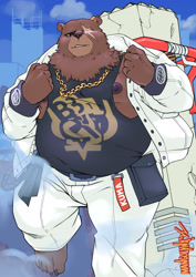 Size: 2508x3541 | Tagged: safe, artist:themangolynx, bear, grizzly bear, mammal, anthro, 2022, belt, ben (zenless zone zero), bottomwear, brown body, brown fur, chain, clothes, fur, gold chain, male, pants, slightly chubby, solo, solo male, video game, weapon, zenless zone zero