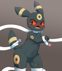 Size: 1747x2000 | Tagged: safe, artist:sum, eeveelution, fictional species, mammal, shiny pokémon, sylveon, umbreon, feral, nintendo, pokémon, 2022, black body, black fur, black nose, blushing, bondage, colored sclera, digital art, ears, faceless female, female, fur, group, male, male focus, offscreen character, open mouth, red sclera, ribbons (body part), sharp teeth, solo focus, tail, tears, teeth, tied up, tongue, trio
