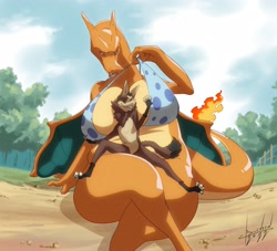Size: 4096x3724 | Tagged: suggestive, artist:blulesnsfw, canine, charizard, coyote, fictional species, mammal, anthro, nintendo, pokémon, between breasts, breasts, female, fire, huge breasts, male, male/female, size difference, starter pokémon, tail, thick thighs, thighs, wide hips, wings