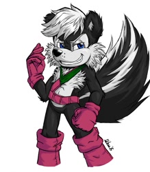 Size: 1119x1280 | Tagged: safe, artist:y0ku, geoffrey st. john (sonic), mammal, skunk, anthro, archie sonic the hedgehog, sega, sonic the hedgehog (series), 2016, black body, black fur, black nose, blue eyes, boots, cheek fluff, chest fluff, clothes, fist, fluff, fur, glasses, looking at you, male, shoes, smirk, solo, solo male, tail, teeth, white body, white fur