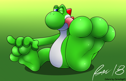 Size: 2332x1500 | Tagged: safe, artist:cornchip21, yoshi (mario), fictional species, yoshi (species), semi-anthro, mario (series), nintendo, barefoot, feet, fetish, foot fetish, male, soles, solo, solo male, toes