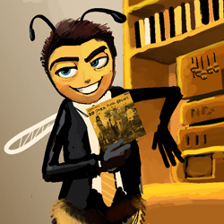 Size: 711x711 | Tagged: safe, artist:knockabiller, arthropod, bee, insect, semi-anthro, american psycho, dreamworks animation, 4 fingers, antennae, arm support, barry b. benson (bee movie), bee movie, black eyebrows, black pupils, black suit, blue eyes, bookshelf, bottomless, cd player, clothes, eyebrows, fingers, funny, furniture, glistening, glistening eyes, grin, hair, holding, holding object, indoors, insect wings, leaning on elbow, looking aside, male, meme, movie reference, multicolored body, multicolored necktie, narrowed eyes, necktie, nudity, partial nudity, patrick bateman, pupils, screencap redraw, shelf, smiling, smirk, solo, solo male, striped body, stripes, suit, teeth, teeth showing, two toned body, two toned necktie, white wings, wings, yellow body